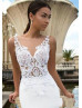 Beach White Lace Satin Illusion Buttons Back Wedding Dress